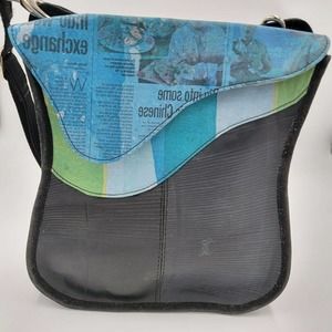 Rubber Crossbody Hand Bag Black Blue Green Newsprint Front Flap 11.5" Tall